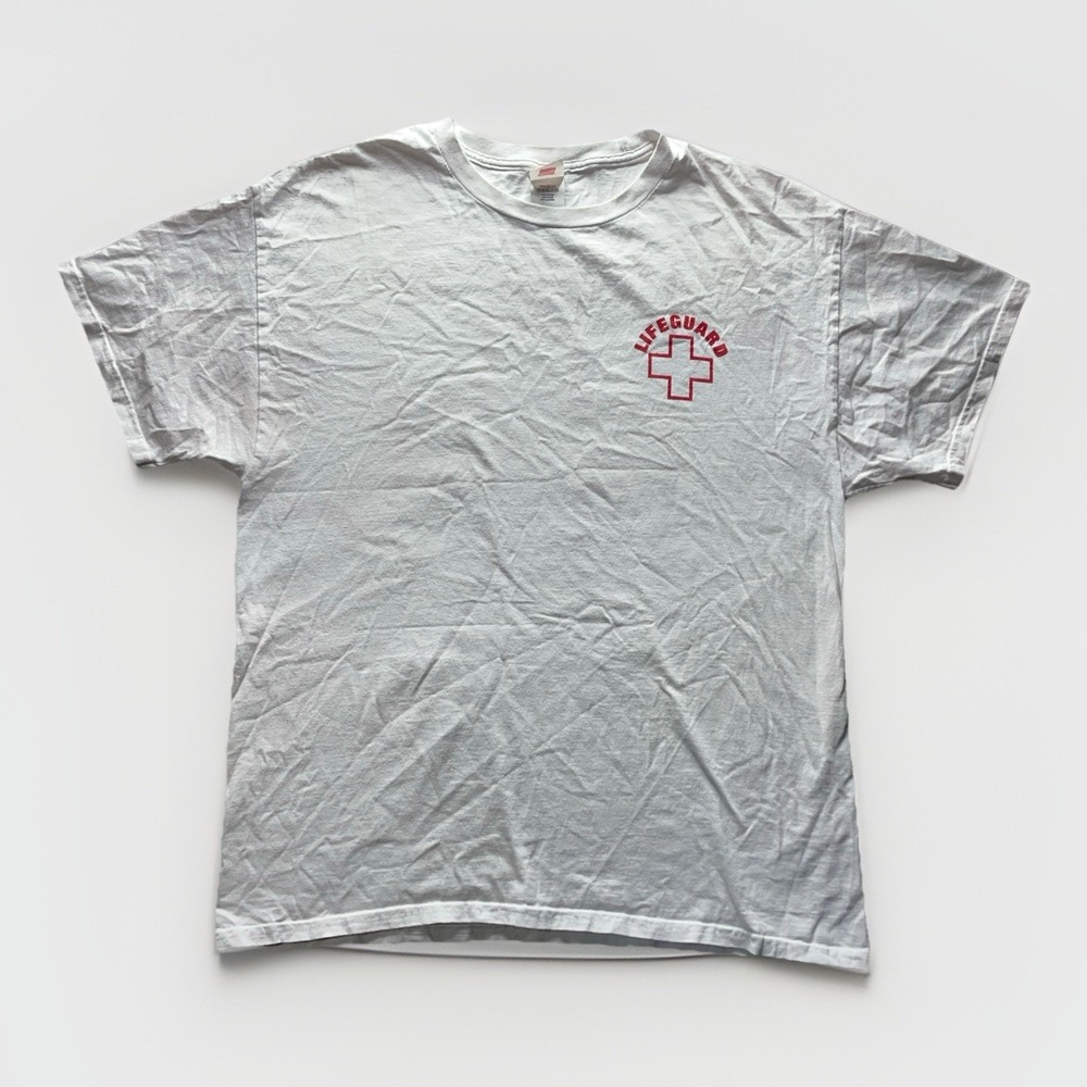 Vintage Lifeguard T-Shirt Mens L White Red Cross Graphic Y2K Beach Surf Tee